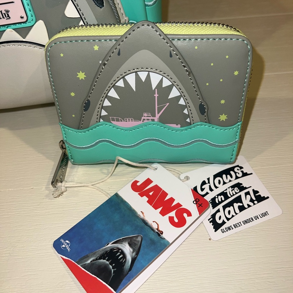 Loungefly Gray and Teal Jaws Wallet Shark Glow in rhe Dark